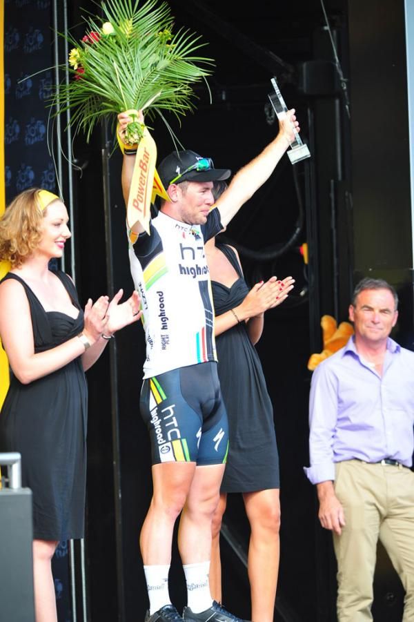 Impressing the Badger: Bernard Hinault looks on as Mark Cavendish (HTC-Highroad) is feted in Chateauroux.