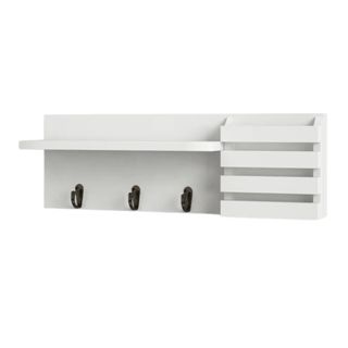 A white wooden mailbox organizer for the wall with shelf, cubby and three black hooks for keys