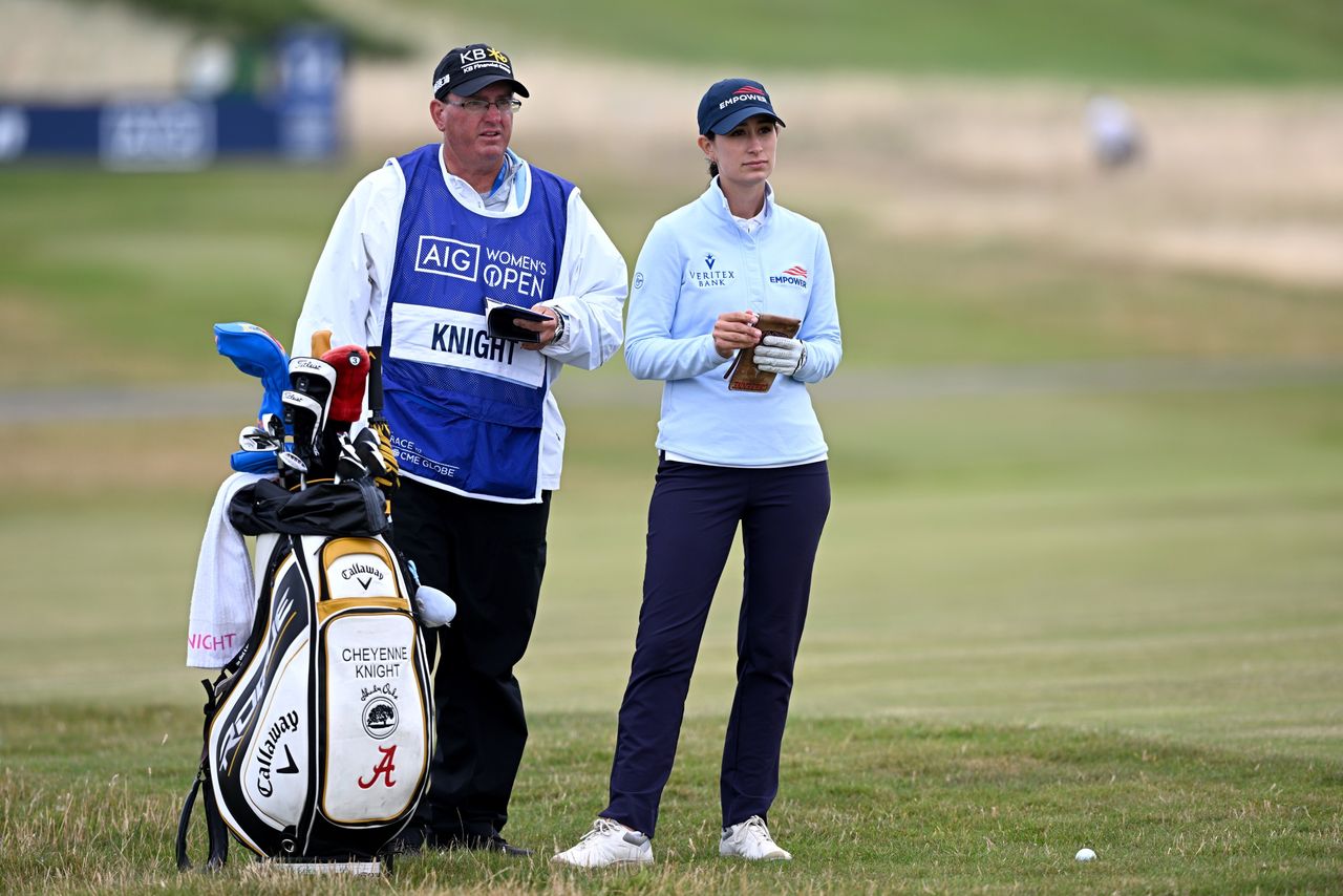 Cheyenne Knight in action in the 2023 AIG Women&#039;s Open with Chad Payne by her side