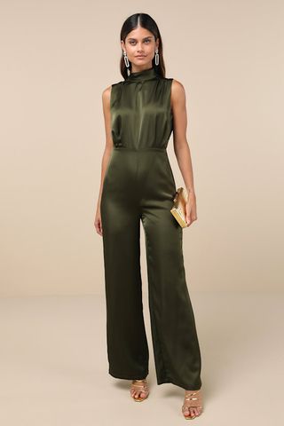 Classic Elegance Olive Green Satin Sleeveless Mock Neck Jumpsuit