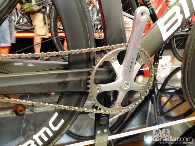 The giant chain stays, seat tube and down tube dwarf the Dura-Ace track chainset.