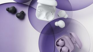 The Samsung Galaxy Buds 2 Pro in white, bora purple, and black.