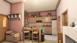 House Flipper 2 - A first-person view of a kitchen area with pink walls and a bar with stools and other decor