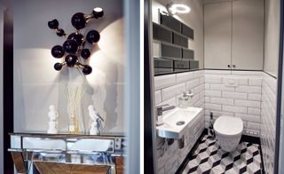 Two side-by-side photos of the Seine side apartment. The first photo is of a silver fireplace with a reed diffuser and two white bird sculptures on top. Above that is a black multi-sphere light fixture on a light grey wall. And the second photo is of a white toilet and sink in a small room with white tiled walls and geometric cube patterned flooring
