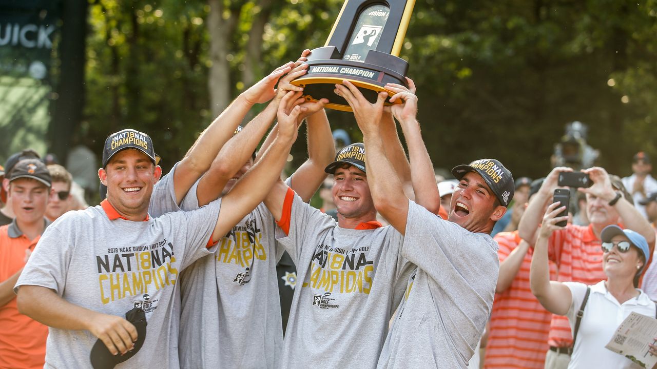 Oklahoma State with the trophy after the 2018 NCAA Division I Championship