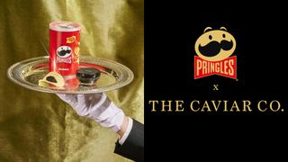 Hand holding a tray with caviar and Pringles on it, and the Pringles x Caviar Co. logo