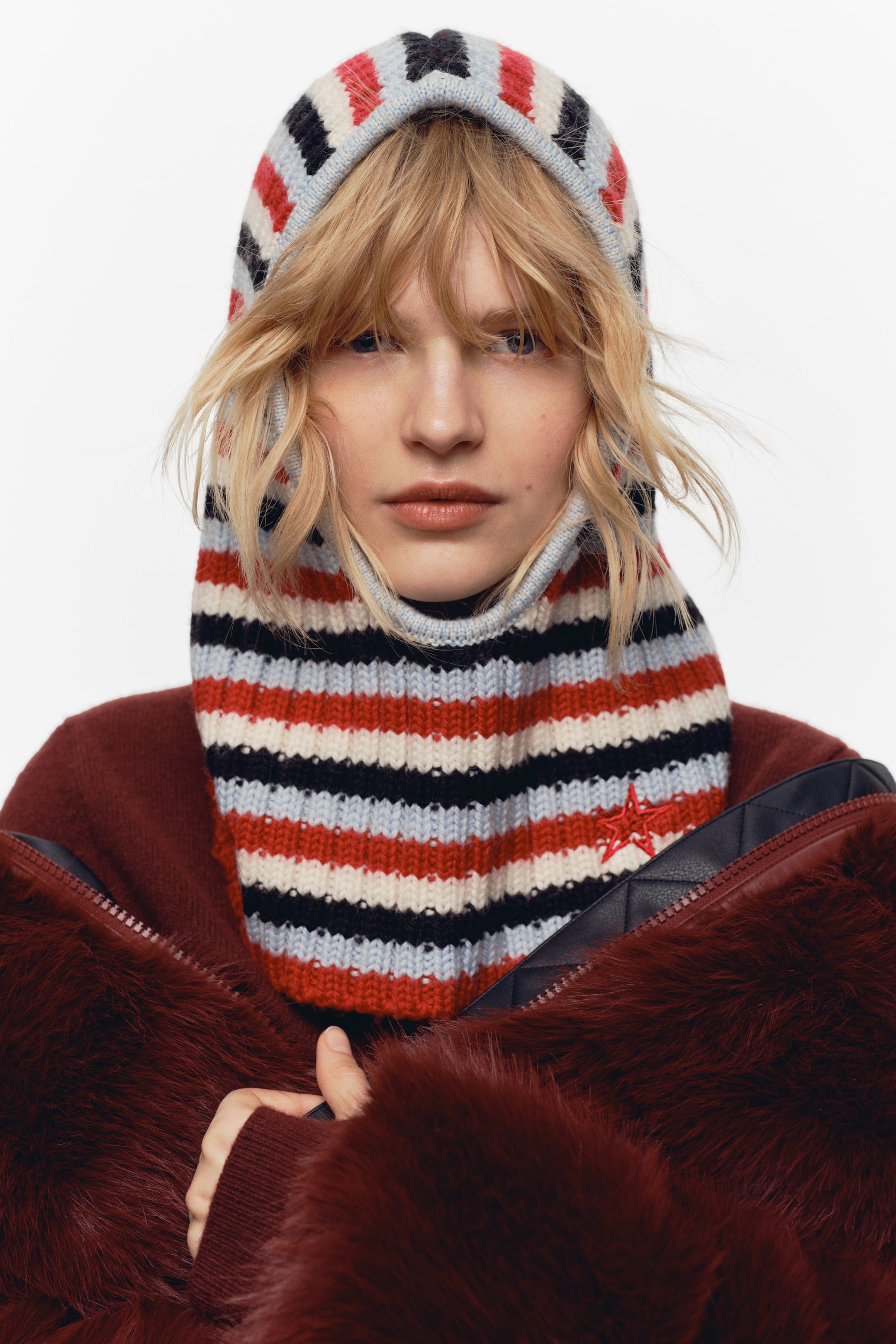 Rib-Knit Wool Balaclava - Red/striped