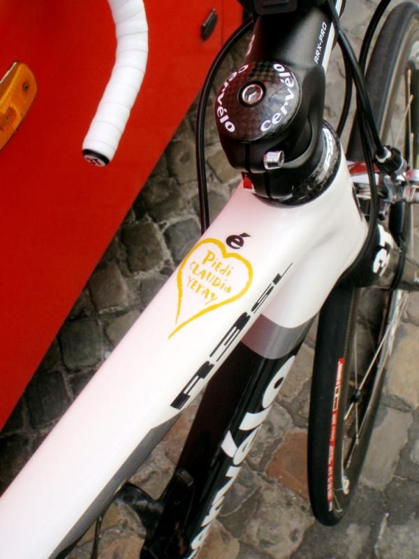 Carlos Sastre knows what's important. The names of his wife and two children are ever present during races.