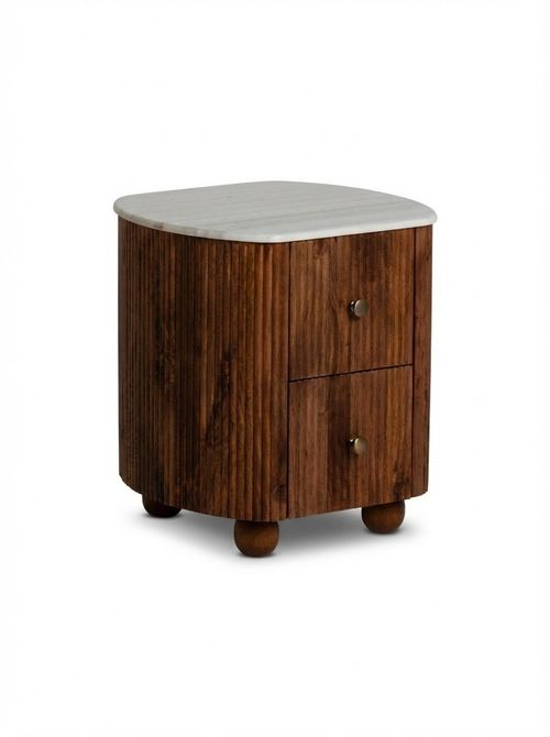 Tasso Fluted Mango Wood 2 Drawer Bedside Table With White Marble Top