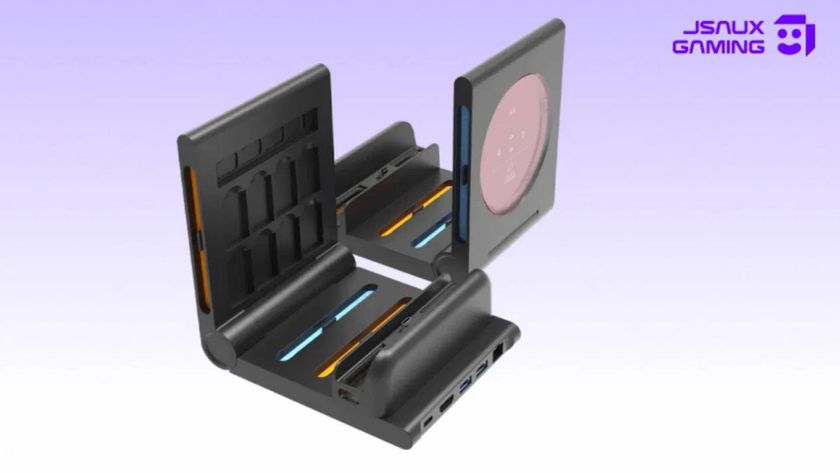 Image of the Jsaux Switch 2 gaming dock with a purple and white background.