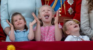 LONDON, ENGLAND - JUNE 09:Princess Charlotte of Cambridge, Savannah Phillips and Prince George of Cambridge during Trooping The Colour 2018 on June 9, 2018 in London, England. (Photo by Mark
