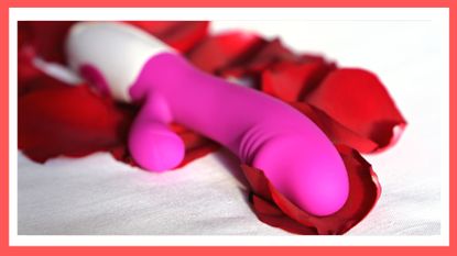 Dildo on red rose petals, sex toy for adult games