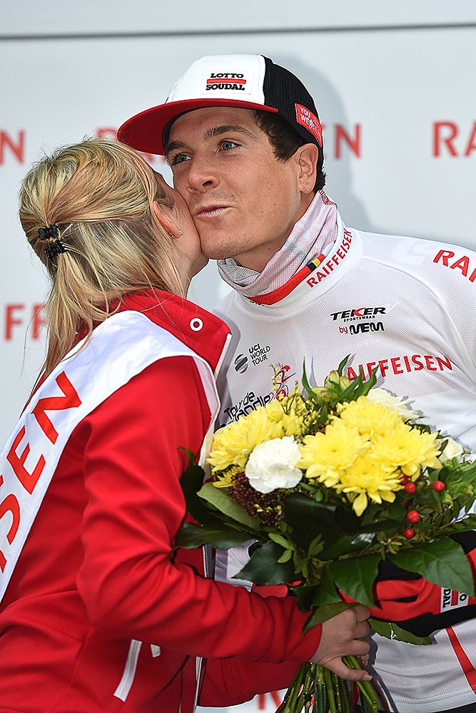 Louis Vervaeke in white following the prologue at the Tour de Romandie