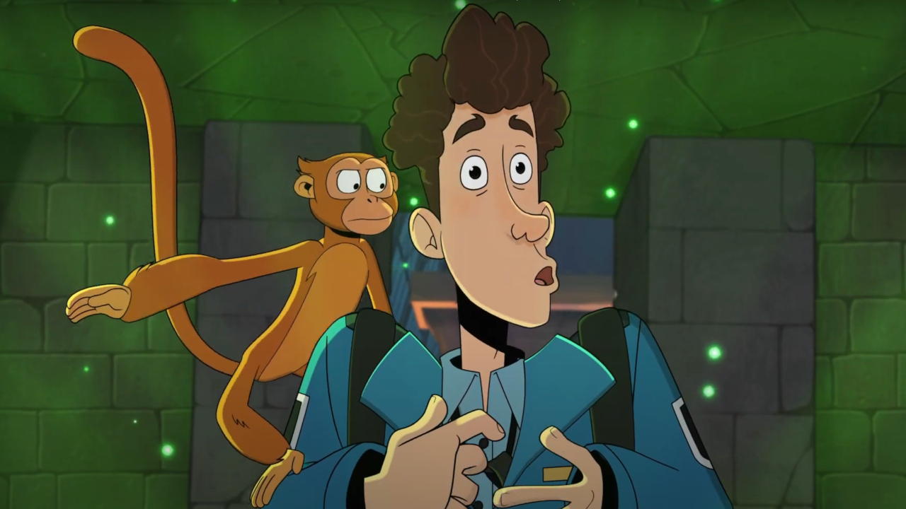 Nick Daley stands stunned after being slapped by a monkey in Night at the Museum: Kahmunrah Rises Again.