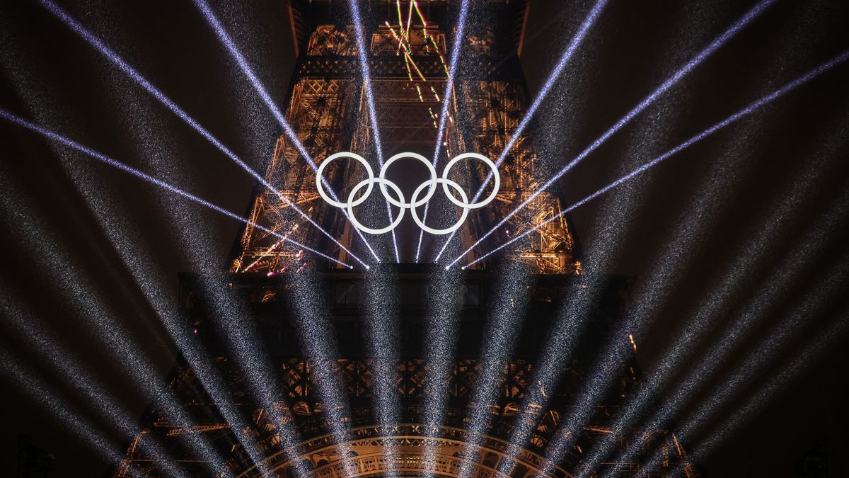 The Eiffel tower bearing the Olympic Rings during the 2024 Paris Games Opening Ceremony.