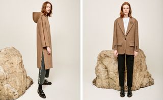 Two images, Left-Model wearing long beige coat, Right- Model wearing short tweed coat.