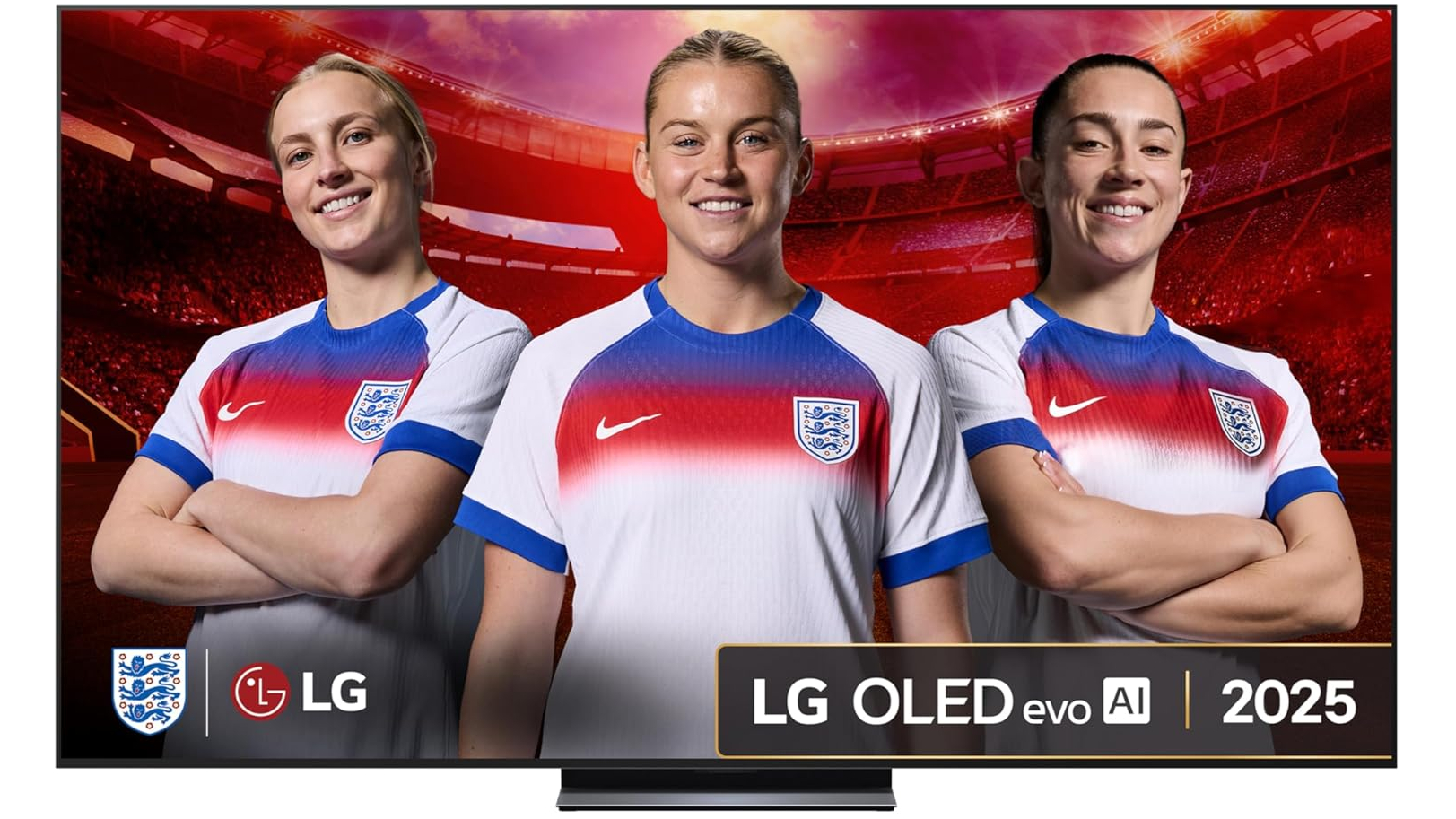 The 83-inch LG C5 pictured against a white background. On the screen are players from the England women's national football team
