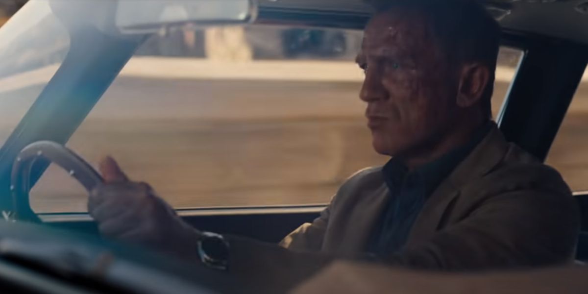 Daniel Craig driving Aston Martin in No Time to Die