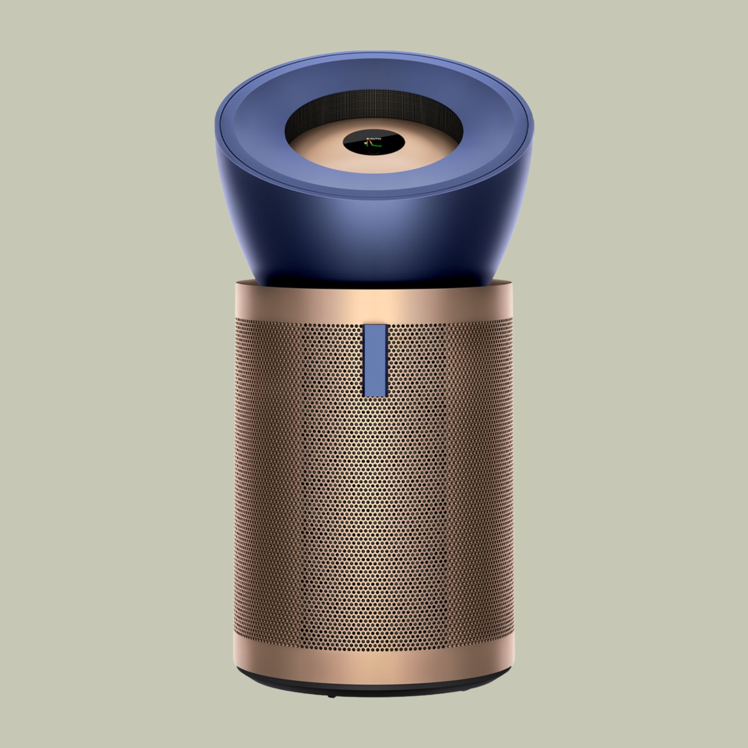 A blue air purifier with bronze detailing