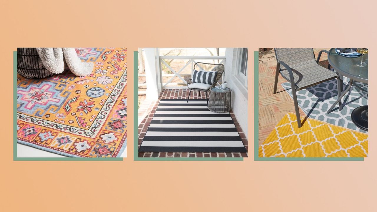 A composite image of three of woman and home&#039;s picks of the best outdoor rugs for 2022 featuring yellow trellis, monochrome stripe and multicolored vintage-style designs