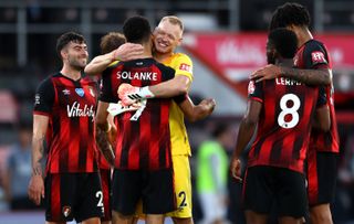 Bournemouth celebrate during a shock 4-1 win against Leicester