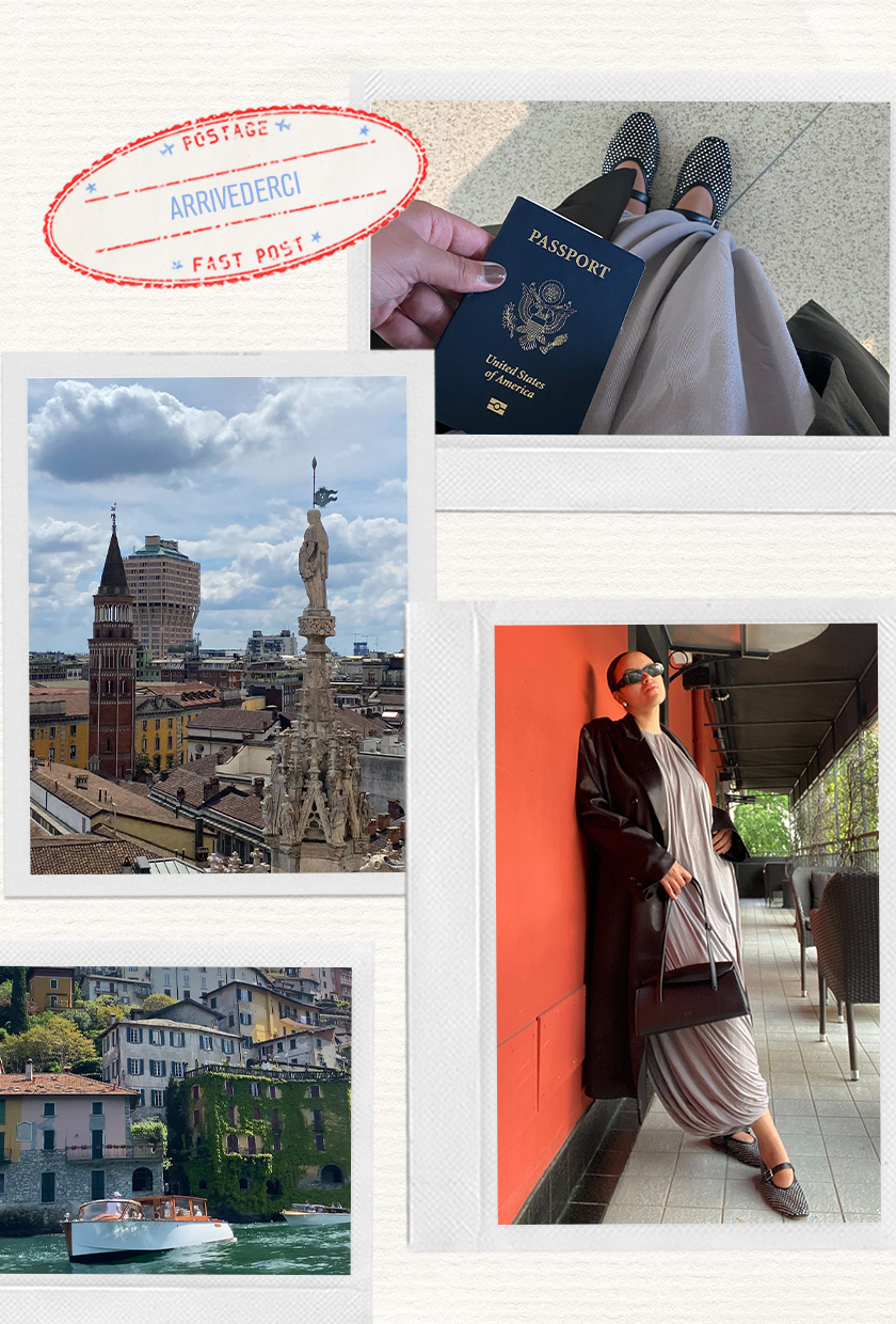 a collage of images depicting milan, lake como, and a fashion editor's airport outfit with a black