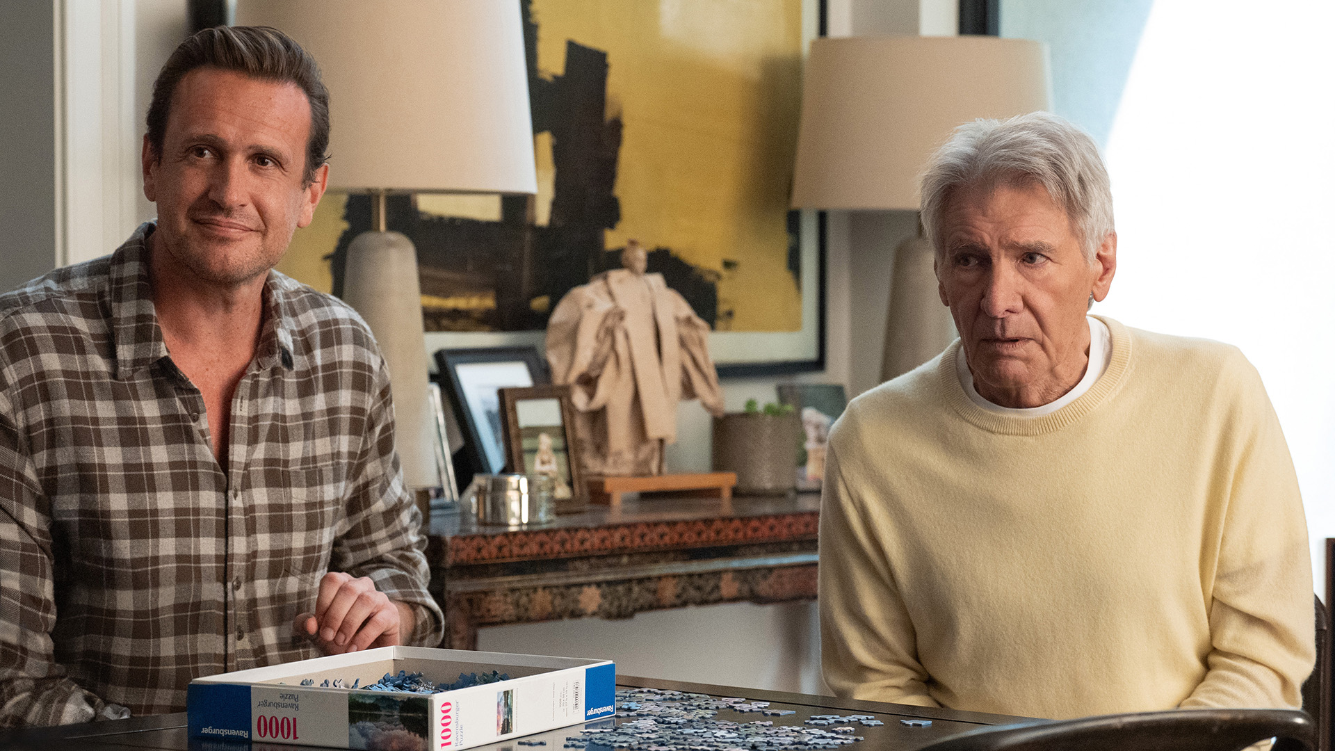 Jason Segel as Jimmy Laird and Harrison Ford as Dr. Paul Rhoades in Shrinking season 3.