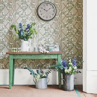 Hallway wallpaper ideas gallery Botanical themed hallway with green table