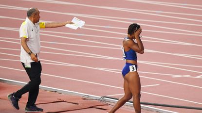 doha, qatar october 05 brianna mcneal of the united states reacts after being disqualified in the womens 100 metres hurdles heats during day nine of 17th iaaf world athletics championships doha 2019 at khalifa international stadium on october 05, 2019 in doha, qatar photo by matthias hangstgetty images