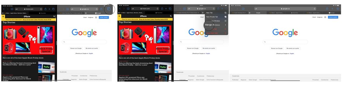 How to merge both screens by showing steps: Touch and hold the tabs button at the top right and tap on Merge All Windows