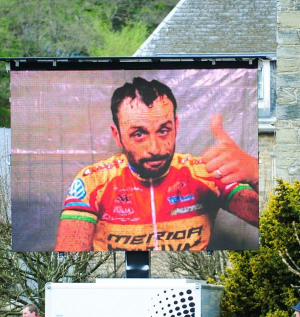 Jose Antonio Hermida Ramos (Multivan Merida Biking Team) on the Jumbotron TV after the race
