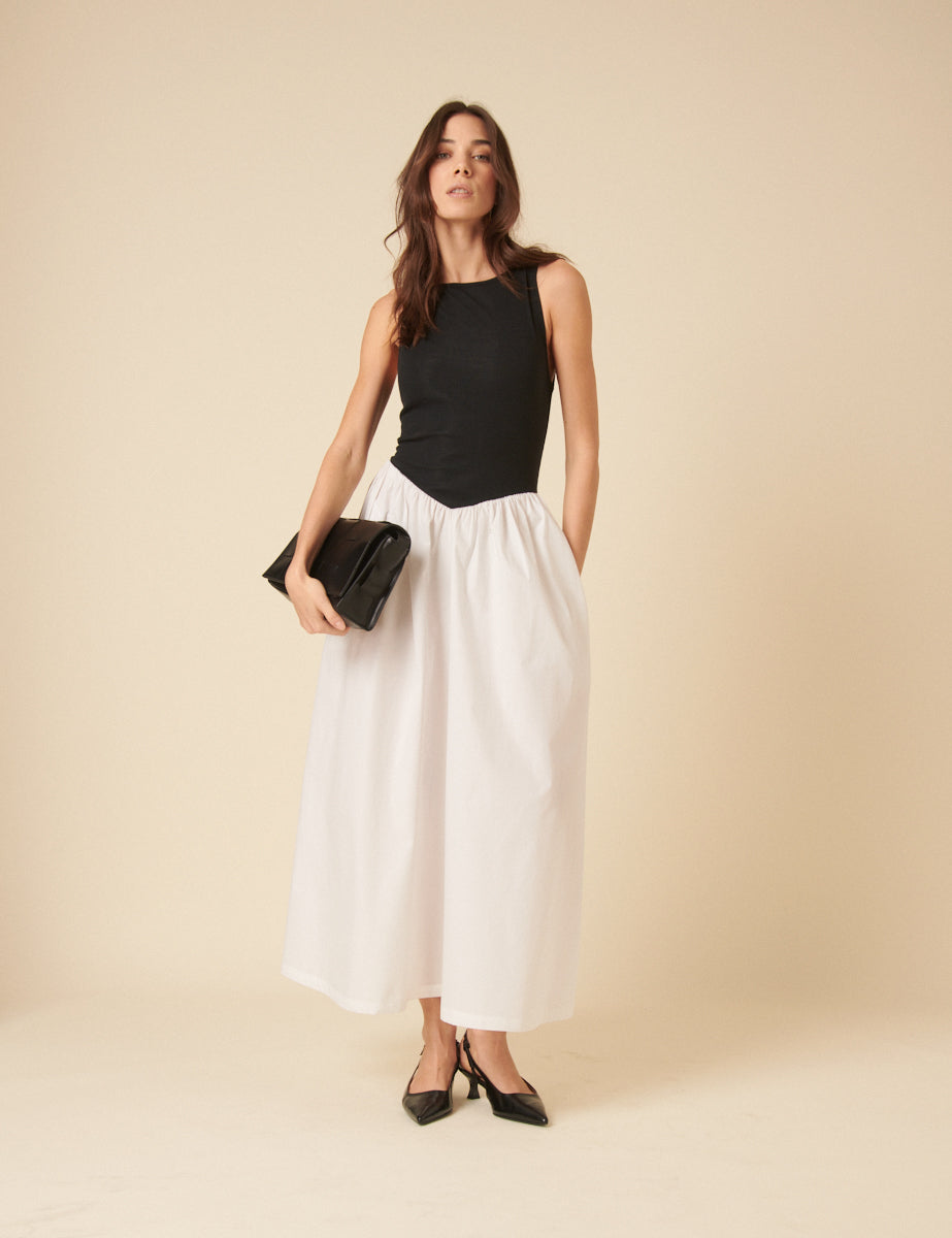 Black and White Drop Waist Verity Midi Dress
