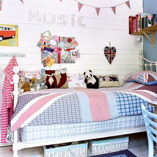 bedroom with white wall and flag