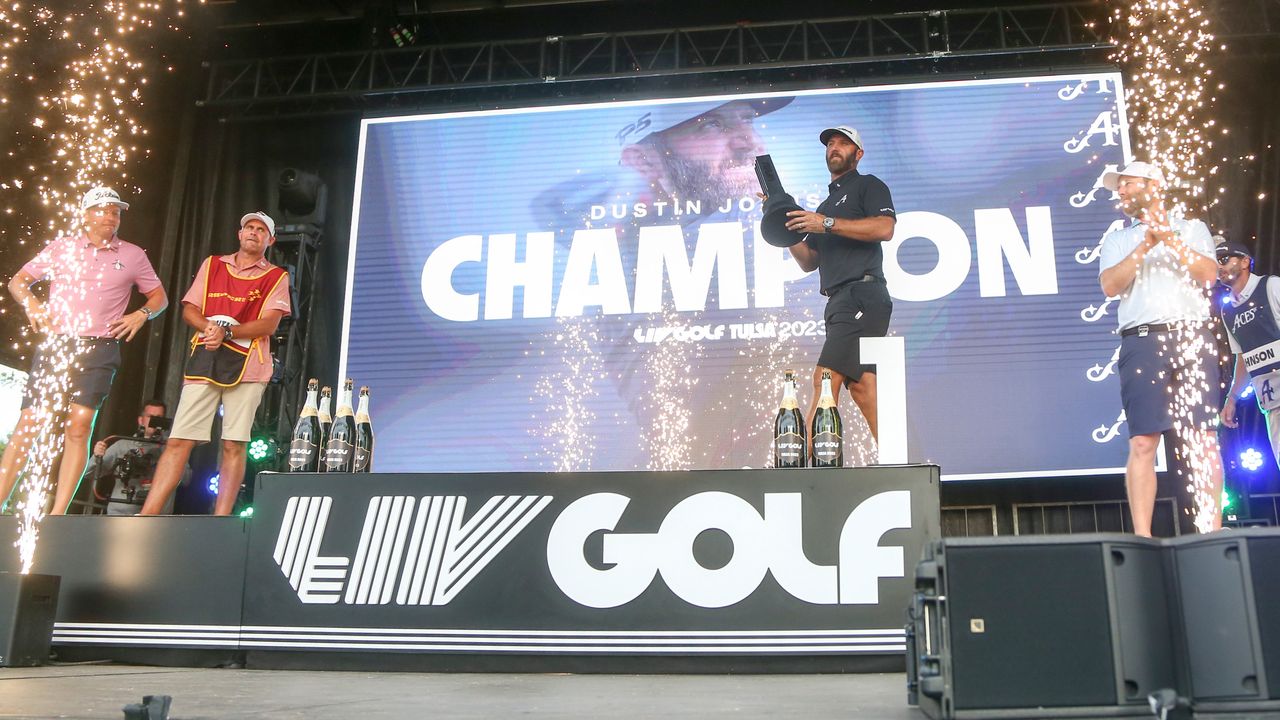 Dustin Johnson celebrates after winning the 2023 LIV Golf Tulsa event