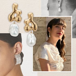 Graphic design art composed of a picture of a close-up of a woman wearing clip-on earrings, a picture of a pair of crystal clip-on earrings, a picture of a pair of gold clip-on earrings with pearls. A pair of metal clip-on earrings with pearls are next to the pictures.