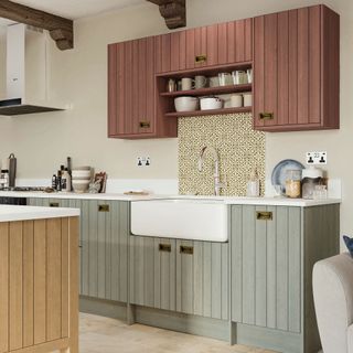 kitchen with wooden cabinetry in brown natural and grey