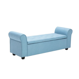 A blue cushioned bench