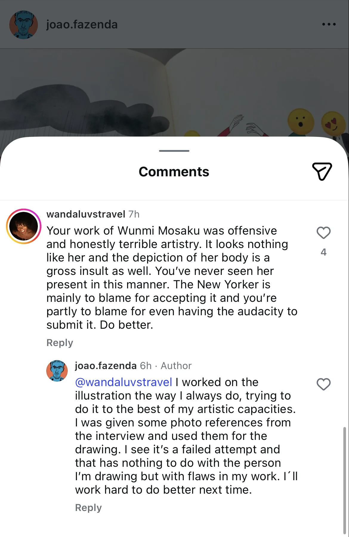 Joao Fazenda responding to an Instagram comment criticising his illustration