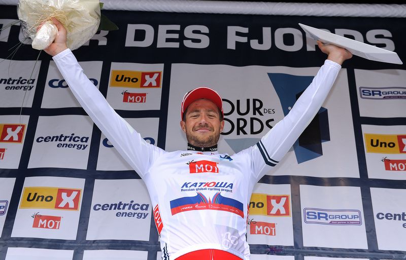 Marco Haller in the only jersey Alex Kristoff didn't claim after stage 1, the best young rider jersey