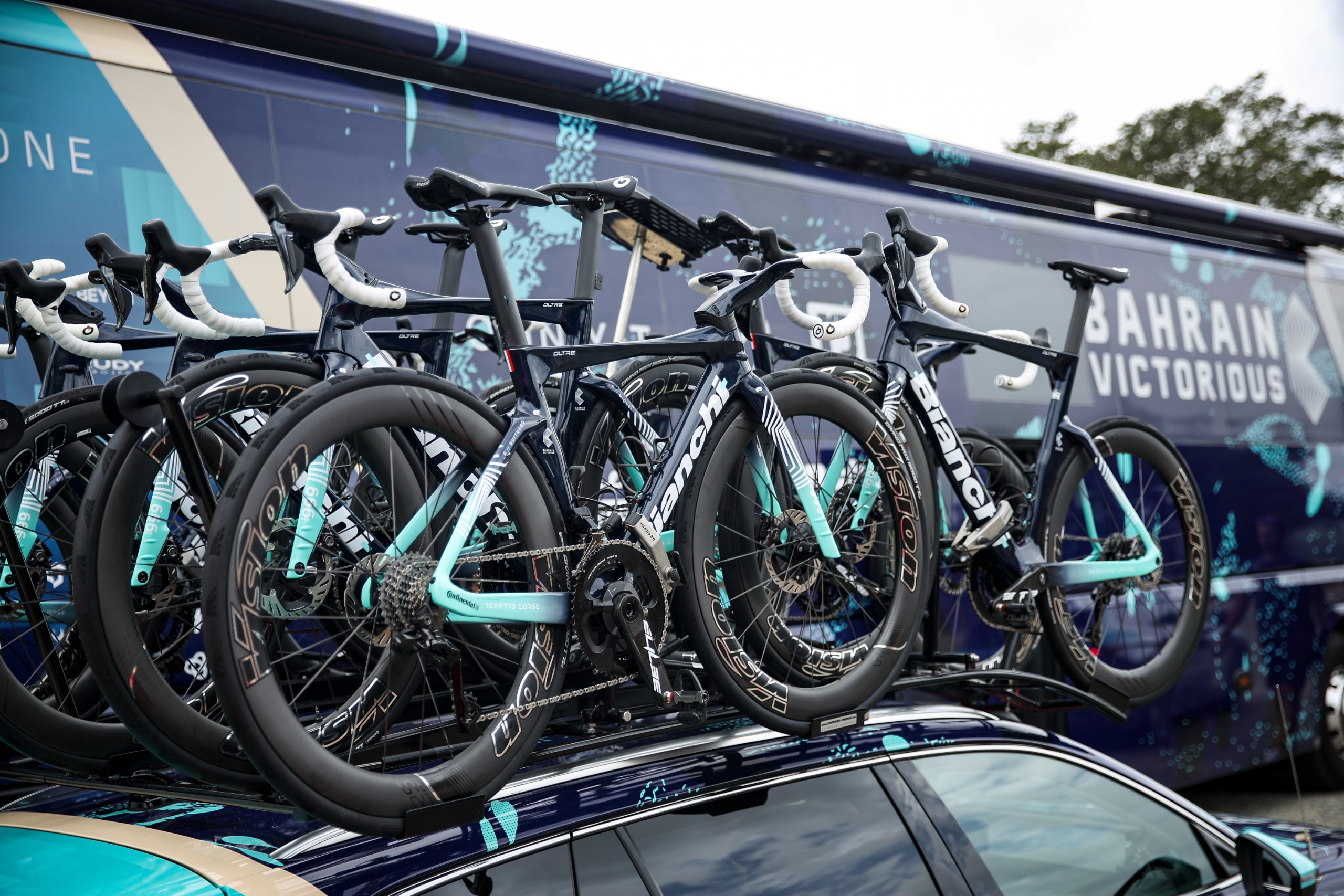 Bianchi bikes outside Bianchi Victorious' bus
