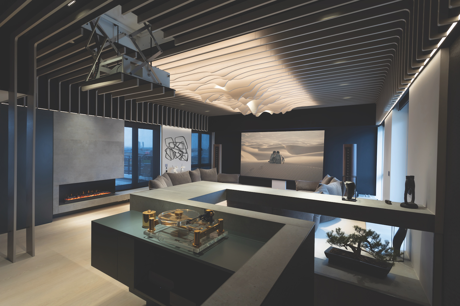 A photograph of a custom install home cinema and hi-fi system in a London penthouse apartment