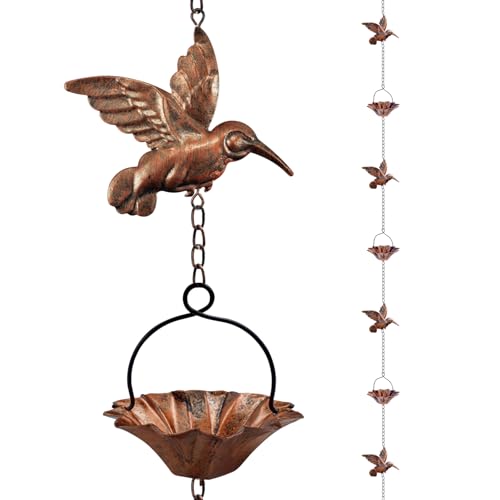 Finphoon 8.5ft Copper Rain Chains for Gutters, Lotus Rain Catcher Chain for Gutters Outside With Adapter, Hummingbird and Cup Rain Chains for Gutters, Metal Rainwater Catcher Chain