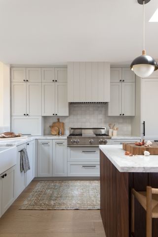 pale grey and dark wood kitchen