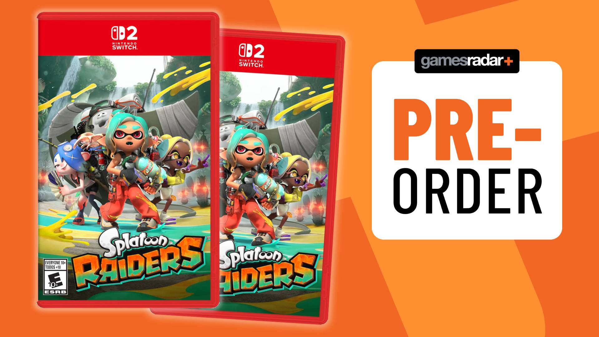 Image of the US and UK Splatoon Raiders Nintendo Switch 2 game boxes on an orange GamesRadar+ background.