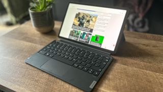 Lenovo Tab P11 Pro Gen 2 tablet connected to keyboard and displaying website