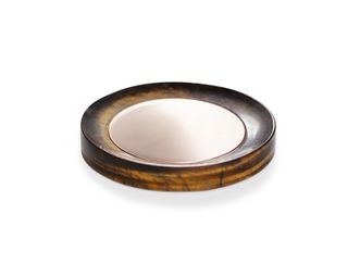 round wooden whisky coaster with copper disc surface