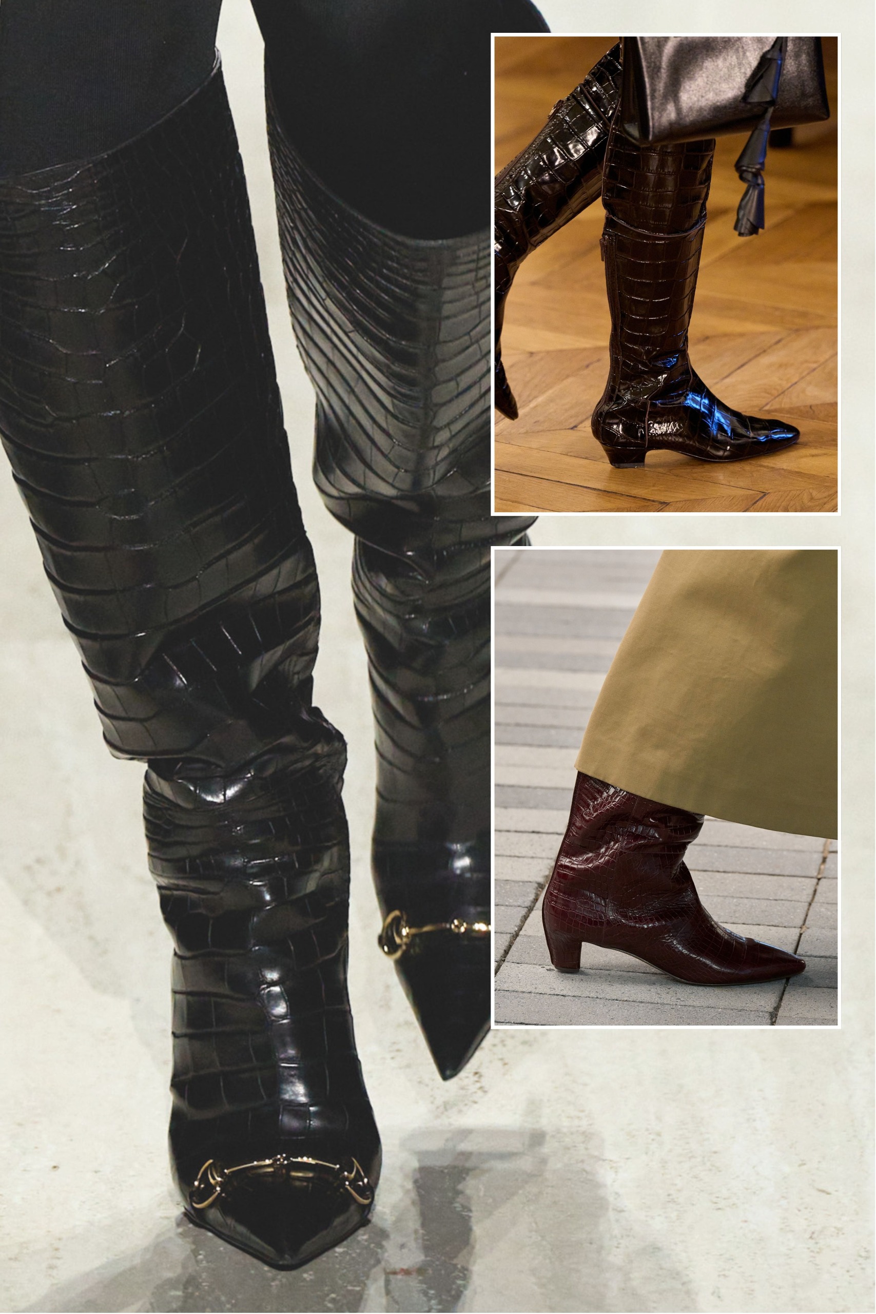A selection of mock croc boots, as seen on the autumn/winter 2026 runways in New York, London, Milan and Paris