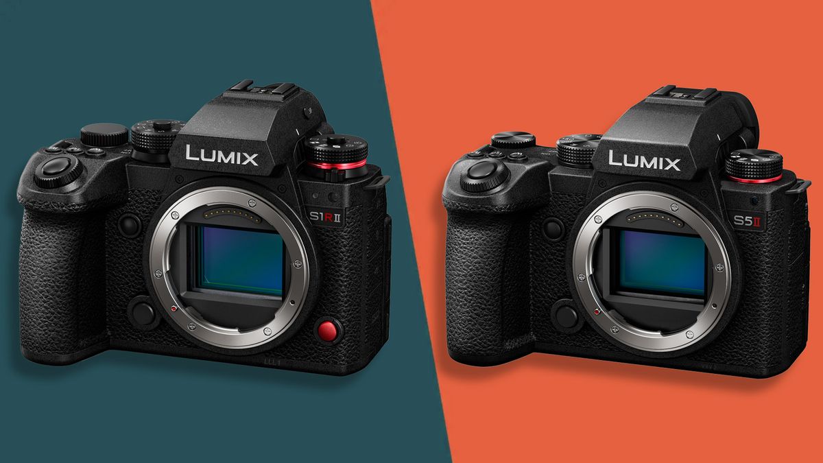 Panasonic Lumix S1R II alongside Panasonic Lumix S5 II on a split green / orange background