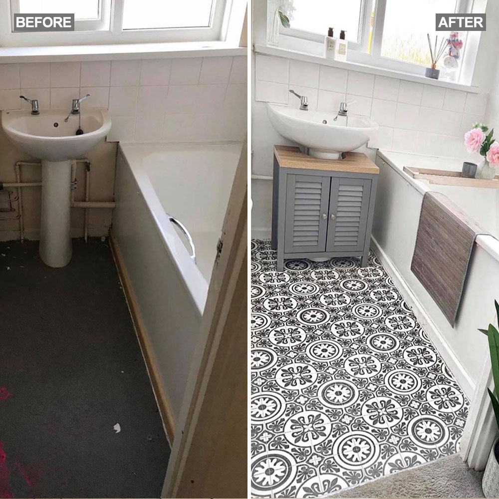 Mum's DIY vinyl bathroom flooring transforms this lacklustre bathroom