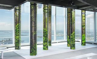 film footage of natural woodlands projected onto columns with white seating created the Boss runway show which was held at 54th floor of the World Trade Center